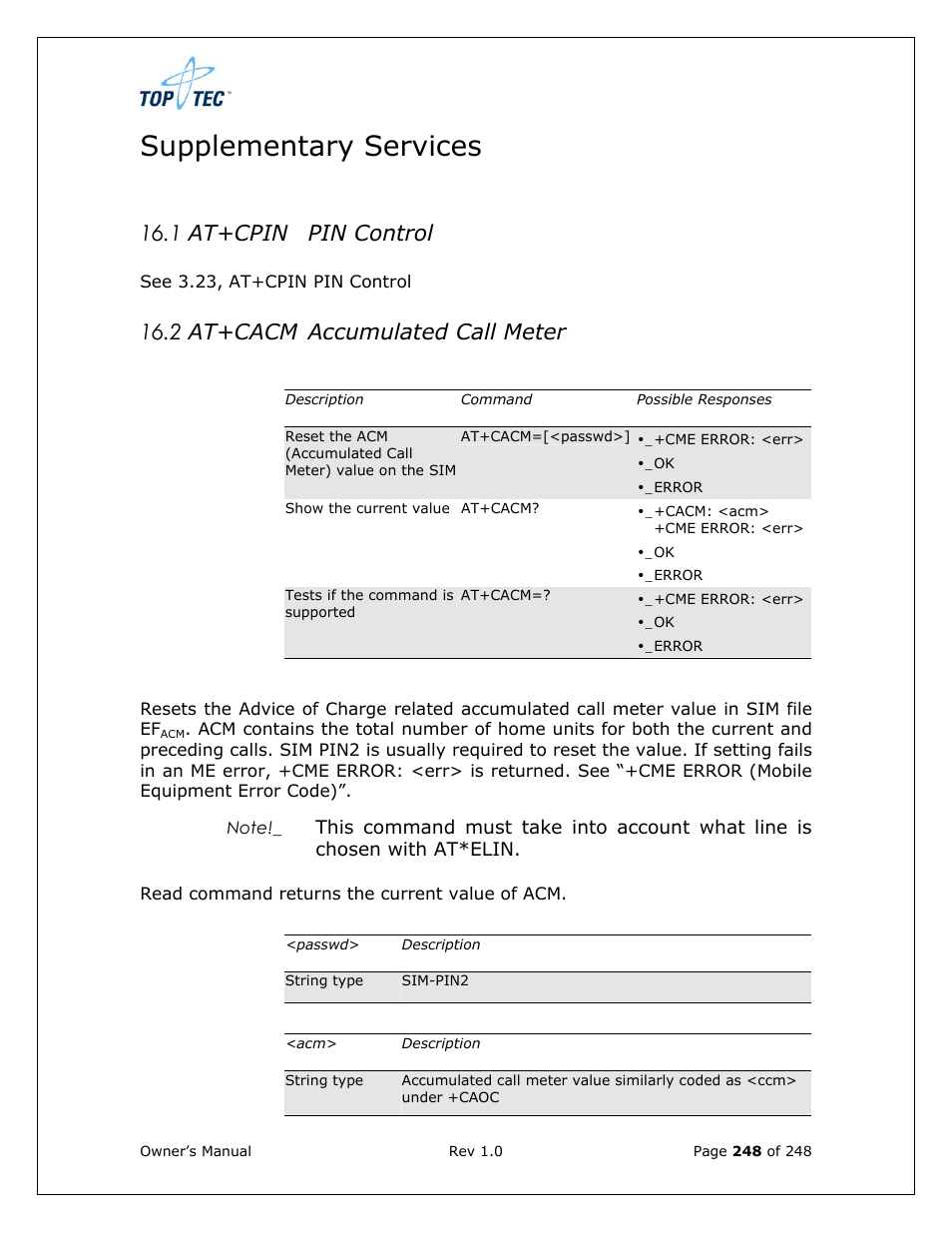 Supplementary services, 1 at+cpin pin control, 2 at+cacm accumulated call meter | Sony Ericsson TT4031 (SE-GM29) User Manual | Page 248 / 280