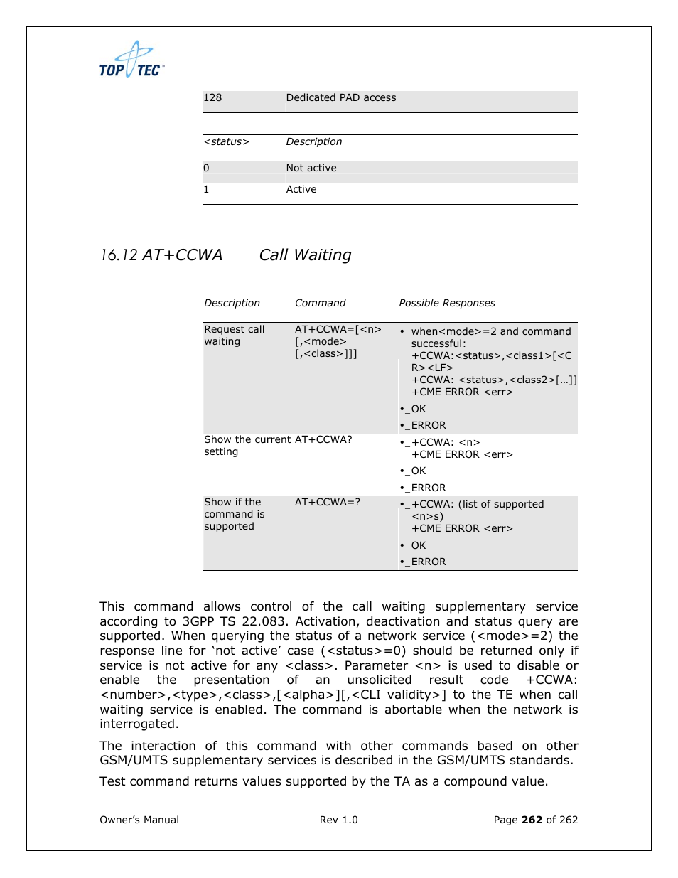 12 at+ccwa call waiting | Sony Ericsson TT4031 (SE-GM29) User Manual | Page 262 / 280