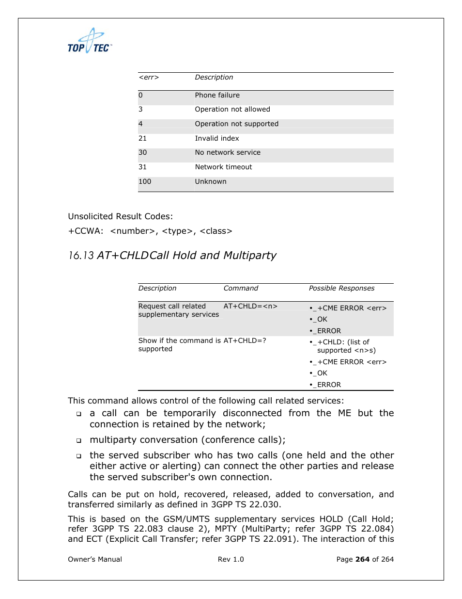 13 at+chld call hold and multiparty | Sony Ericsson TT4031 (SE-GM29) User Manual | Page 264 / 280