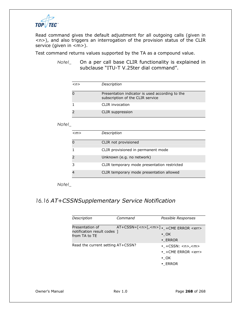 16 at+cssn supplementary service notification | Sony Ericsson TT4031 (SE-GM29) User Manual | Page 268 / 280