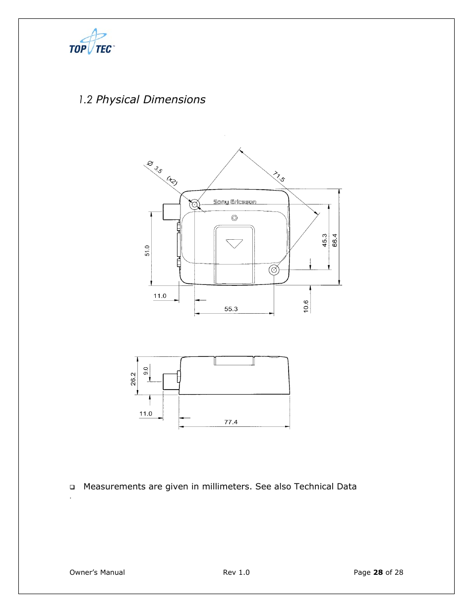 2 physical dimensions | Sony Ericsson TT4031 (SE-GM29) User Manual | Page 28 / 280