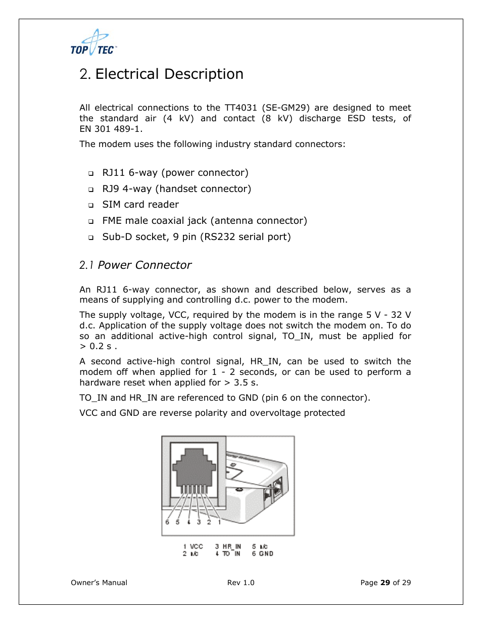 Electrical description, 1 power connector | Sony Ericsson TT4031 (SE-GM29) User Manual | Page 29 / 280