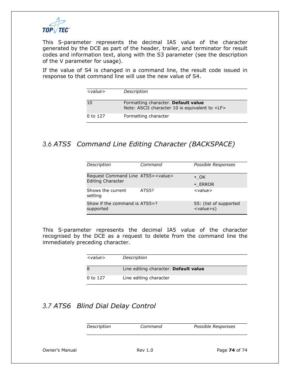 6 ats5 command line editing character (backspace), 7 ats6 blind dial delay control | Sony Ericsson TT4031 (SE-GM29) User Manual | Page 74 / 280