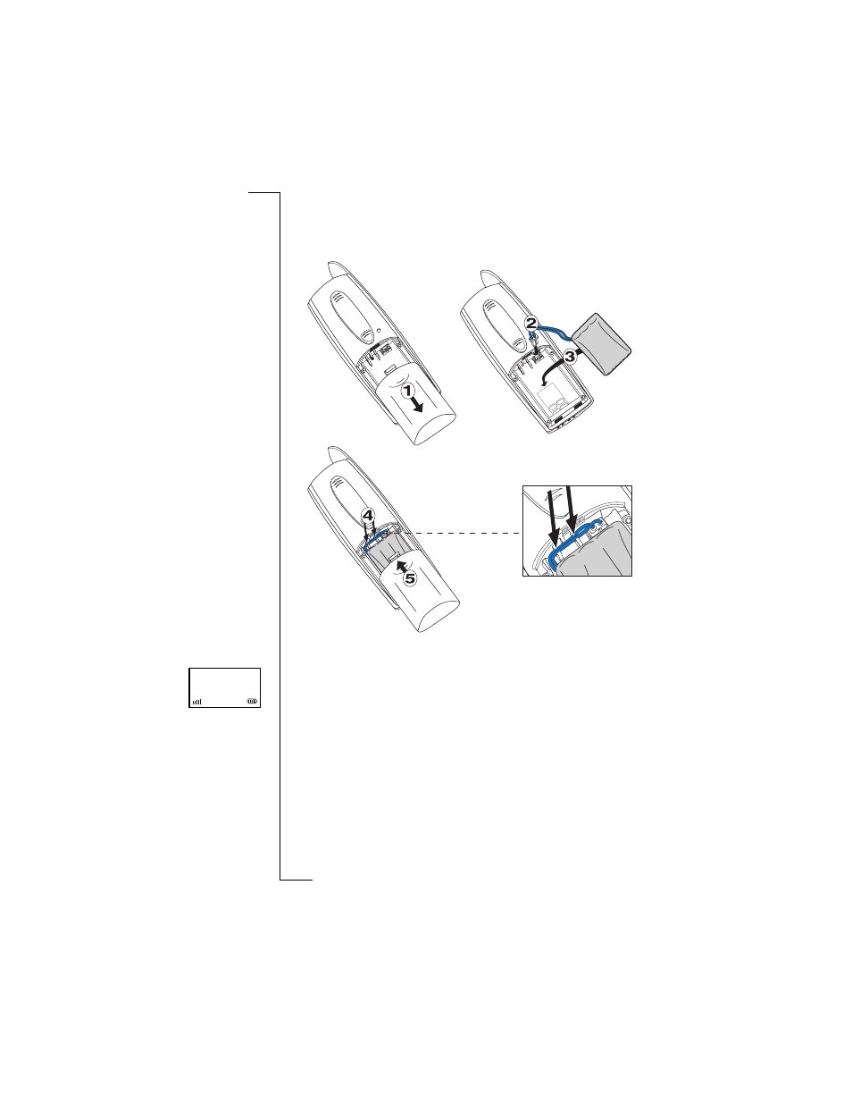 Placing the battery, Reading the battery meter | Sony Ericsson cordless 260 User Manual | Page 14 / 127