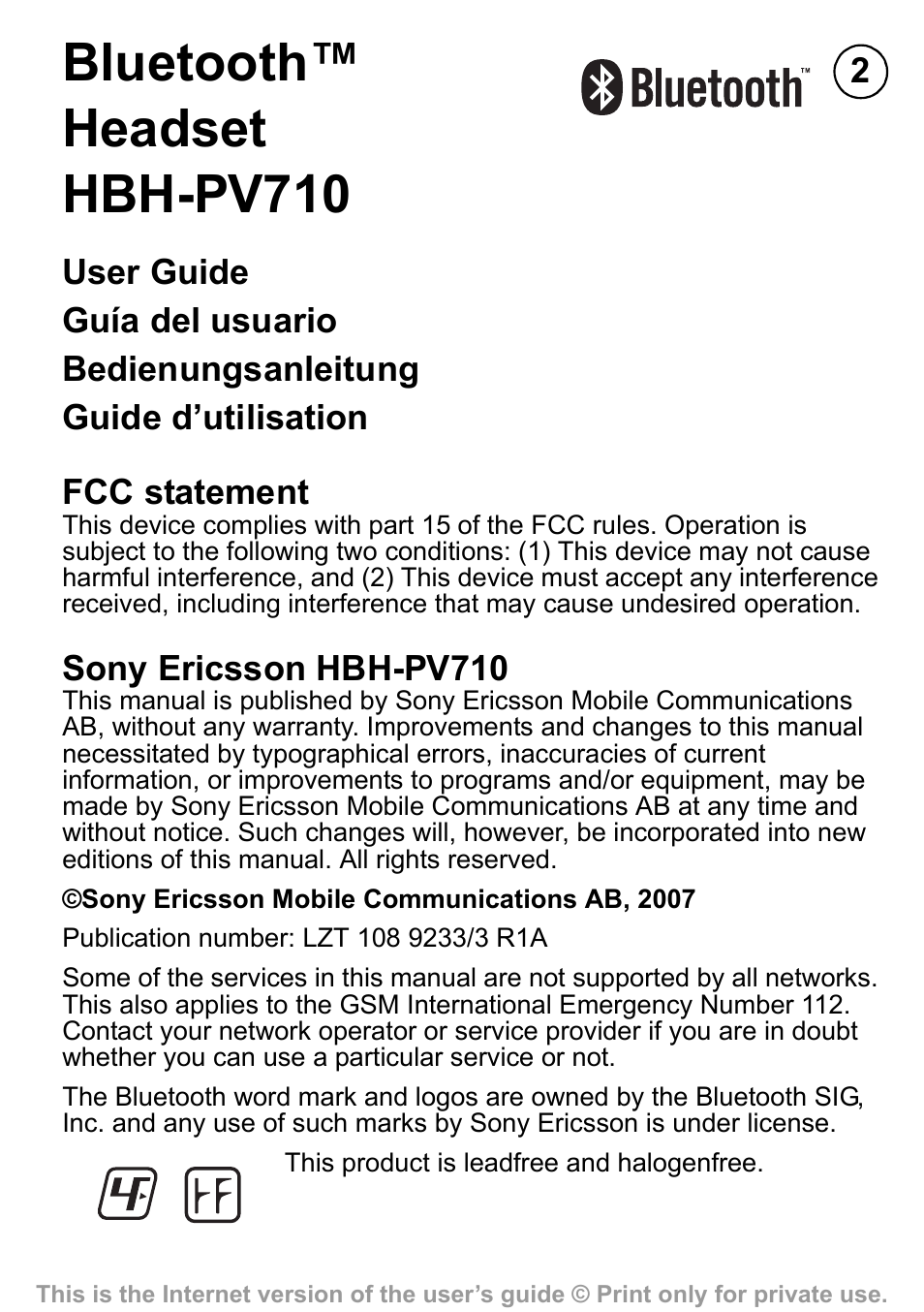 Bluetooth™ headset hbh-pv710 | Sony Ericsson HBH-PV710 User Manual | Page 2 / 36