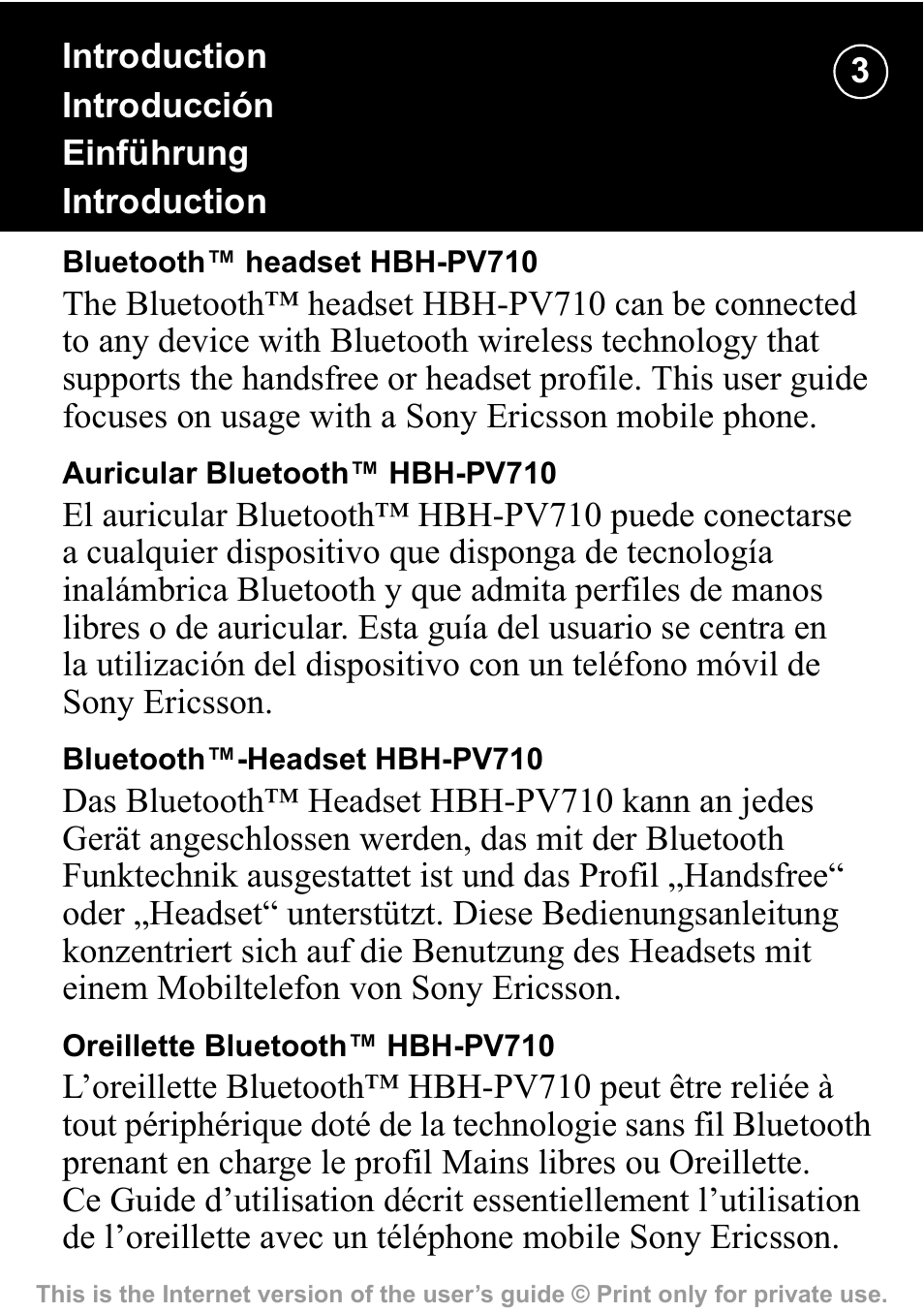 Sony Ericsson HBH-PV710 User Manual | Page 3 / 36