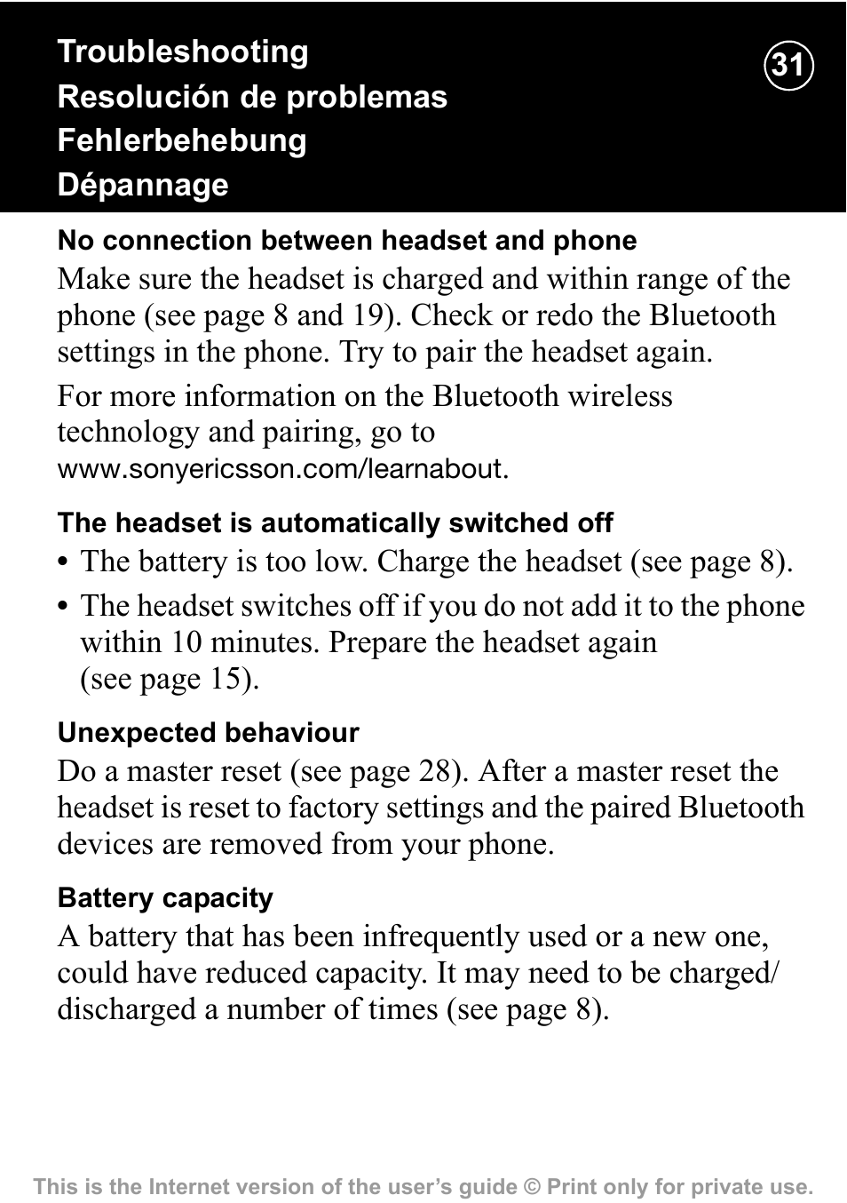 Sony Ericsson HBH-PV710 User Manual | Page 31 / 36