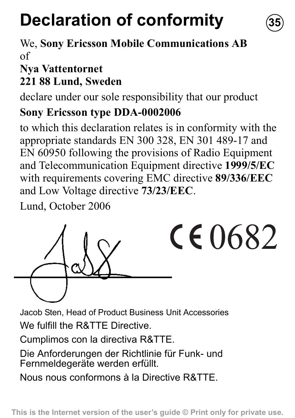 Declaration of conformity | Sony Ericsson HBH-PV710 User Manual | Page 35 / 36