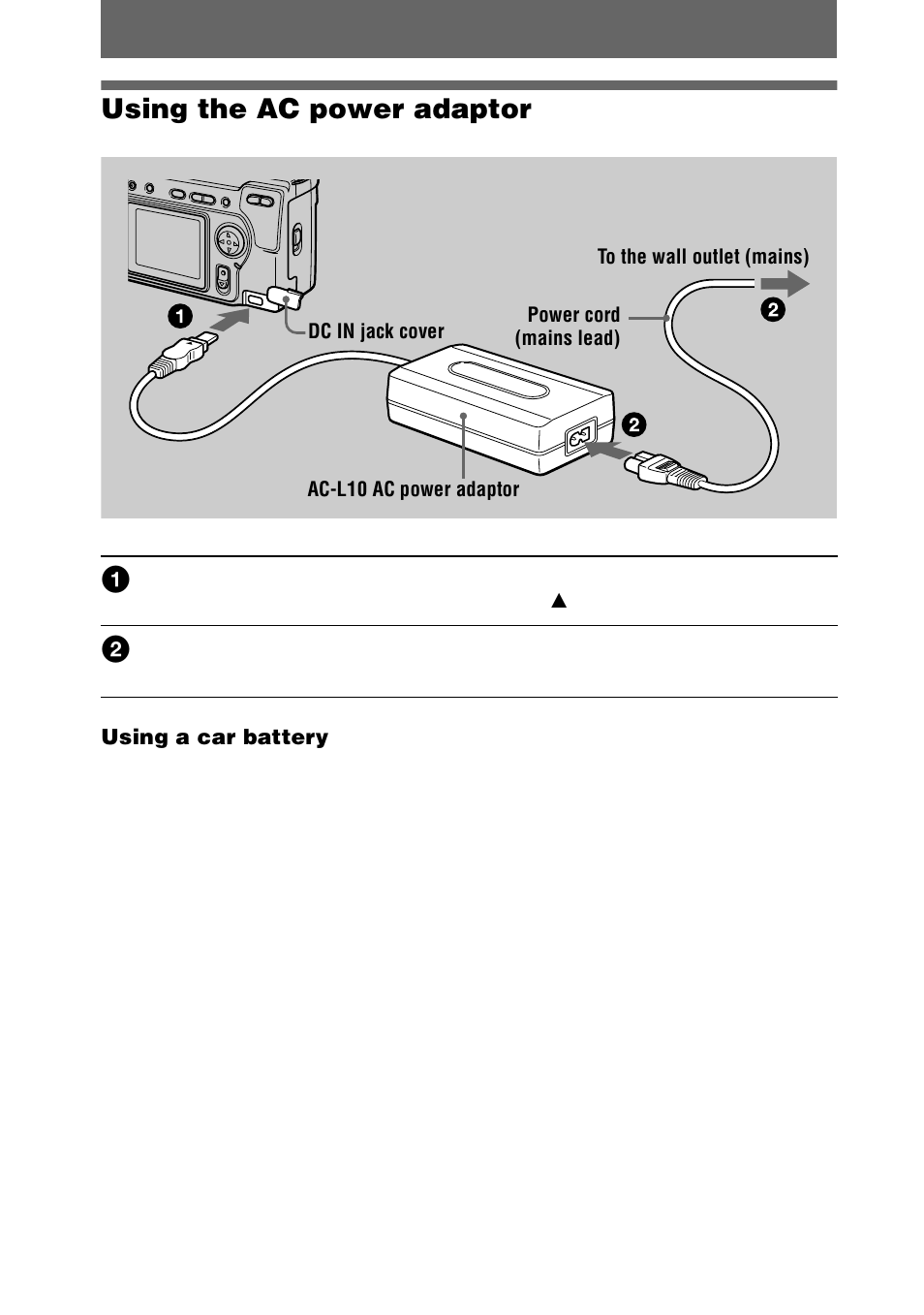 Using the ac power adaptor, 12 using the ac power adaptor | Sony Ericsson DSC-S70 User Manual | Page 12 / 68