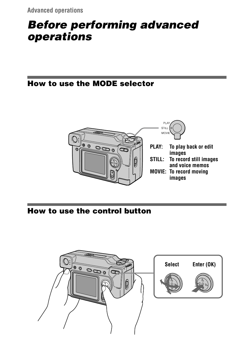 Advanced operations, How to use the mode selector, How to use the control button | Before performing advanced operations | Sony Ericsson DSC-S70 User Manual | Page 30 / 68
