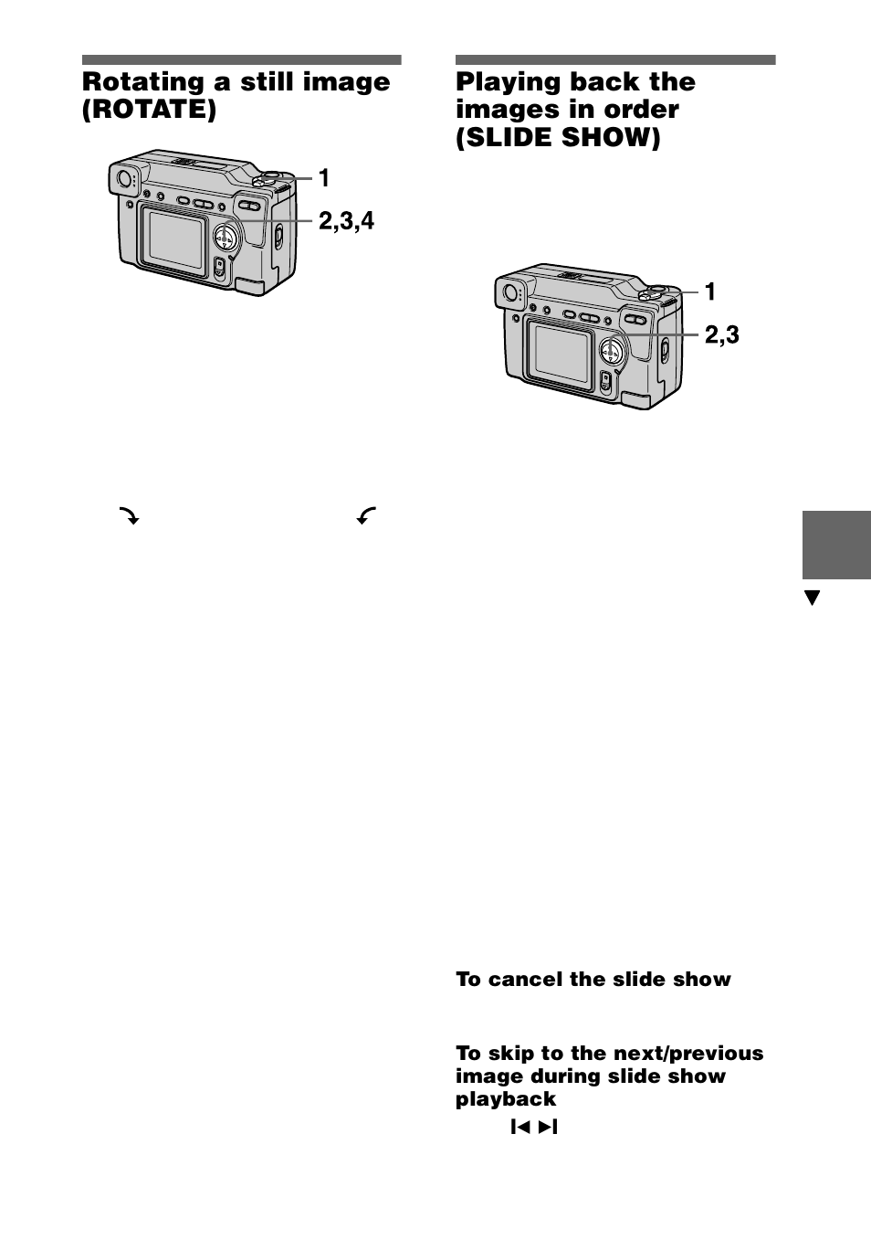 Rotating a still image (rotate), Playing back the images in order (slide show), Playing back the images in order | Slide show), 47 rotating a still image (rotate) | Sony Ericsson DSC-S70 User Manual | Page 47 / 68