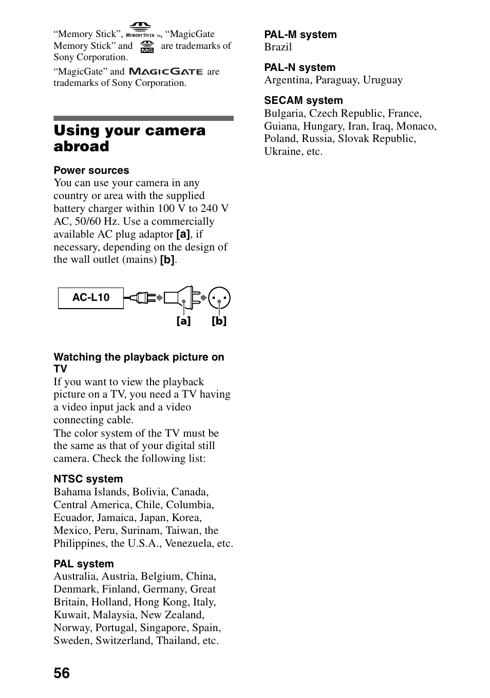 Using your camera abroad | Sony Ericsson DSC-S70 User Manual | Page 56 / 68