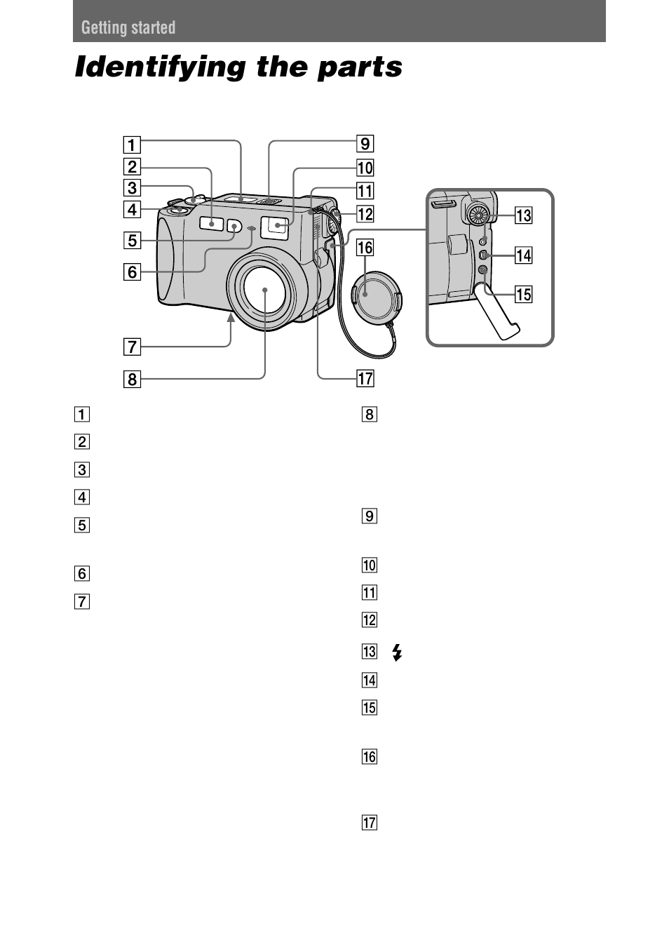Getting started, Identifying the parts | Sony Ericsson DSC-S70 User Manual | Page 6 / 68