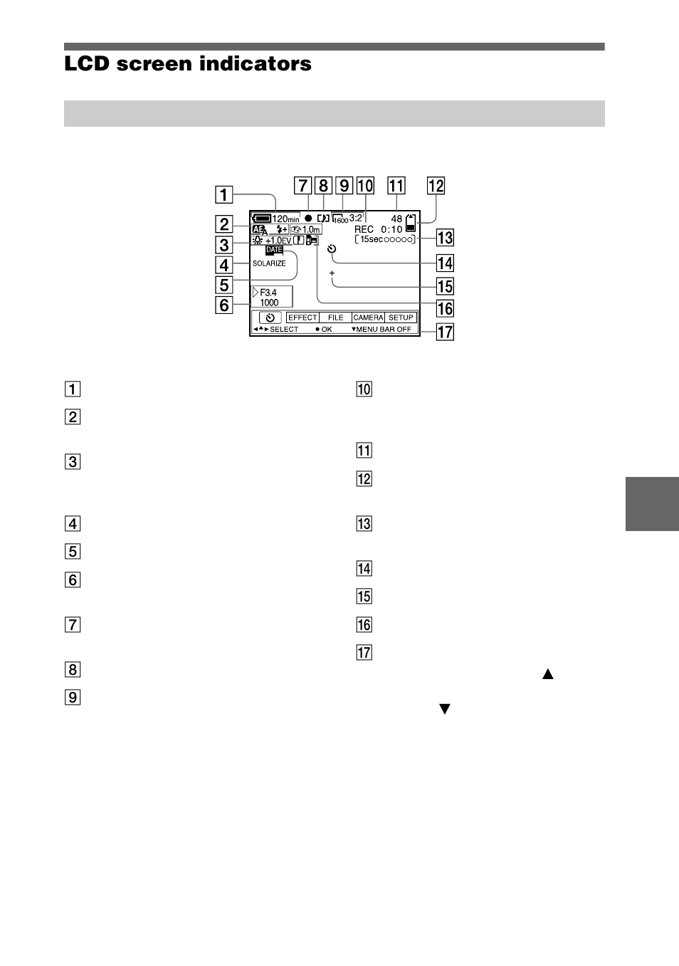 Lcd screen indicators, The indicators during recording, 65 lcd screen indicators | Sony Ericsson DSC-S70 User Manual | Page 65 / 68