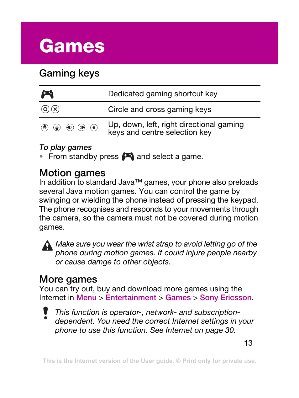 Games, Gaming keys, Motion games | More games | Sony Ericsson F305 User Manual | Page 13 / 42