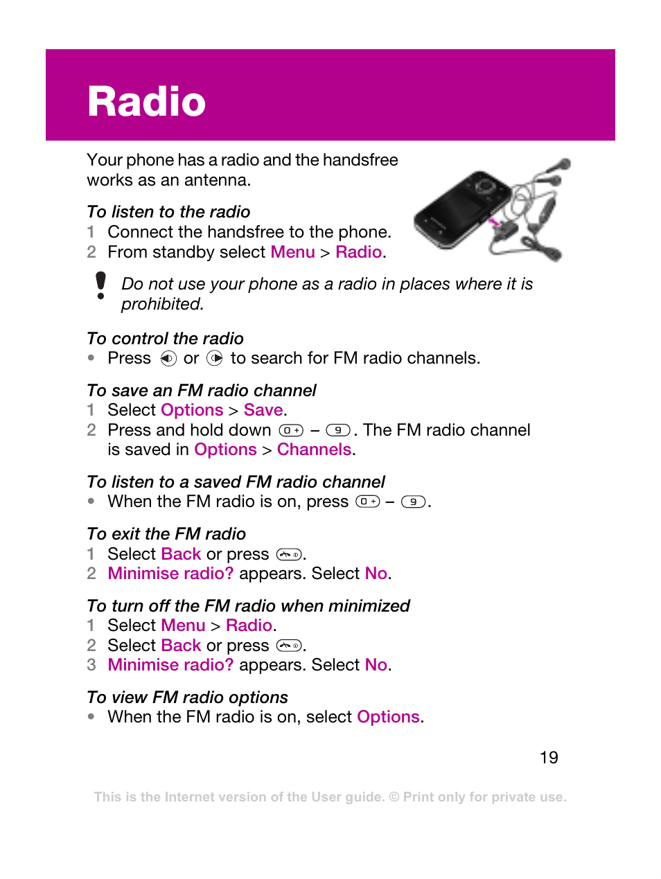 Radio | Sony Ericsson F305 User Manual | Page 19 / 42