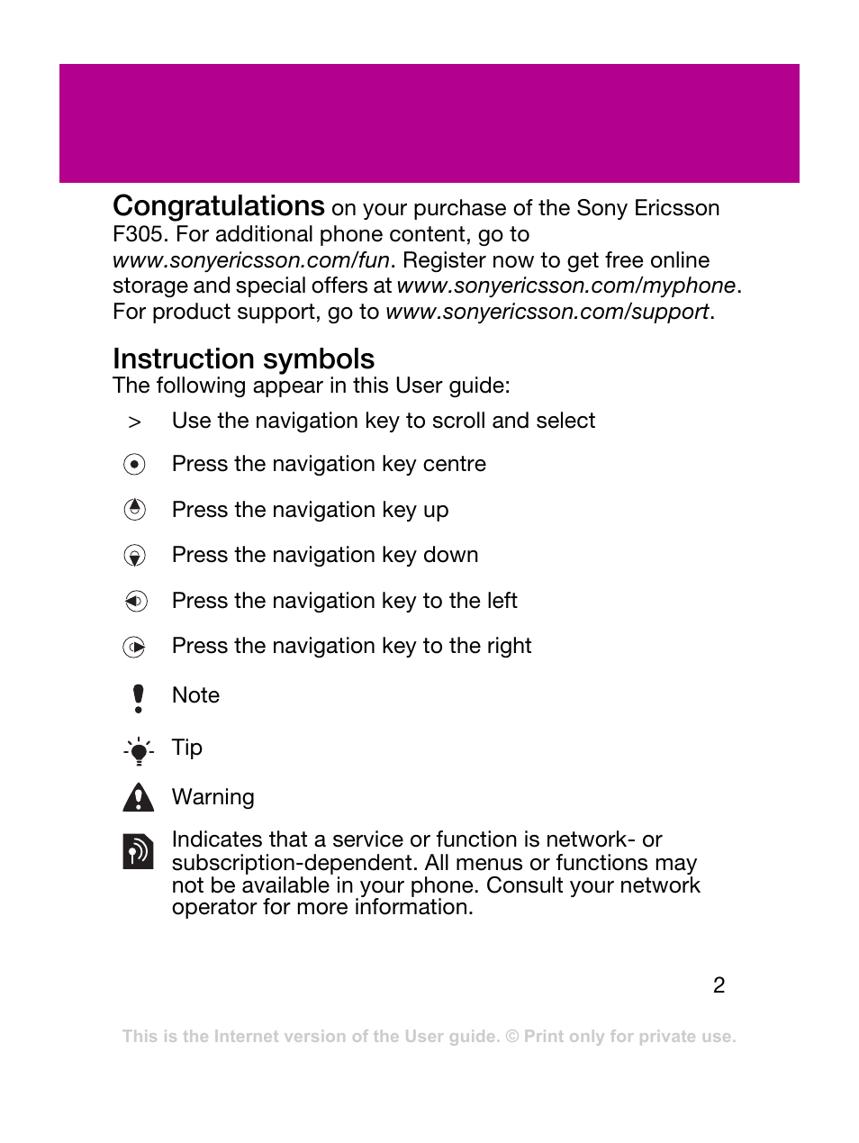 Instruction symbols | Sony Ericsson F305 User Manual | Page 2 / 42