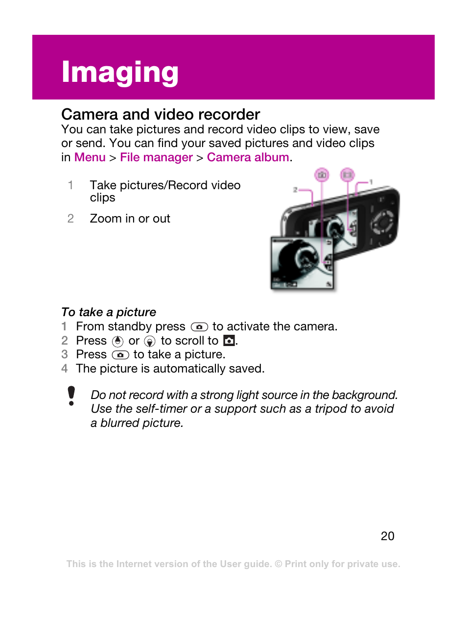 Imaging, Camera and video recorder | Sony Ericsson F305 User Manual | Page 20 / 42