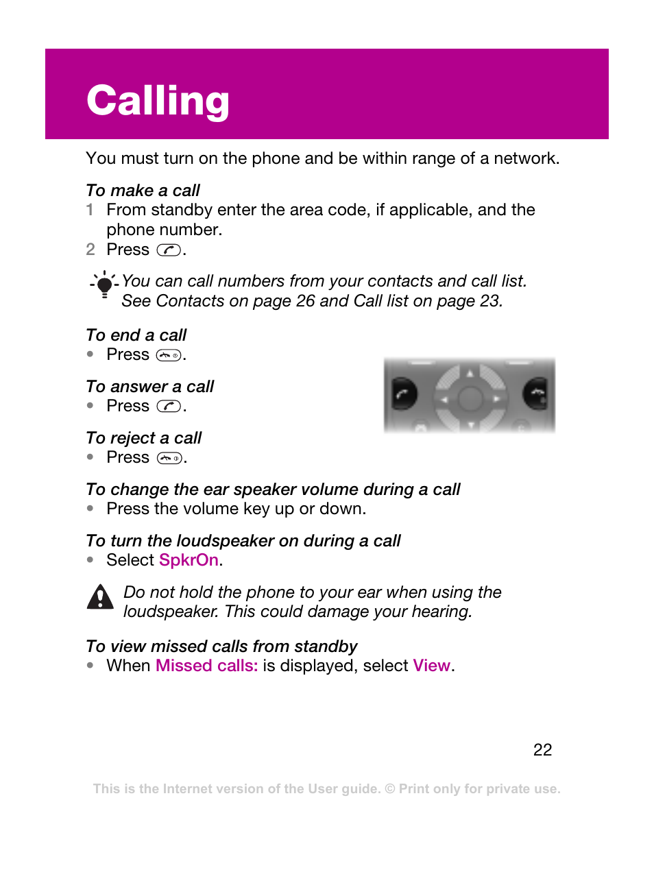 Calling | Sony Ericsson F305 User Manual | Page 22 / 42