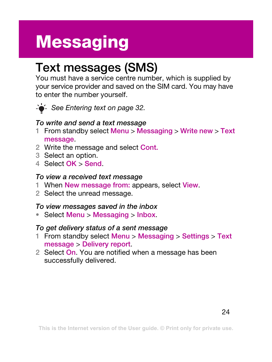 Messaging, Text messages (sms) | Sony Ericsson F305 User Manual | Page 24 / 42