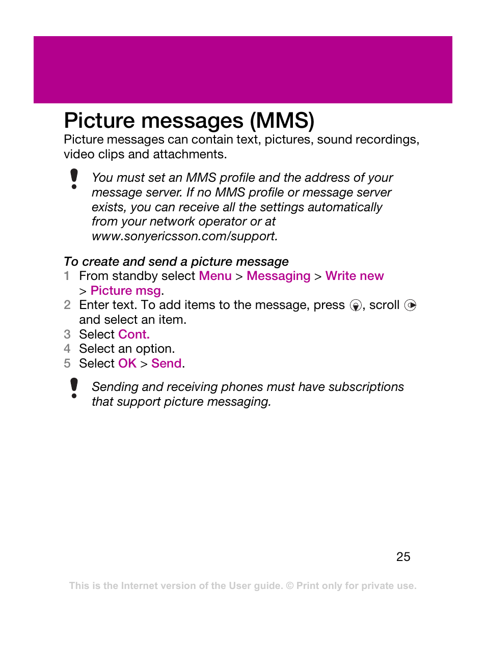 Picture messages (mms) | Sony Ericsson F305 User Manual | Page 25 / 42