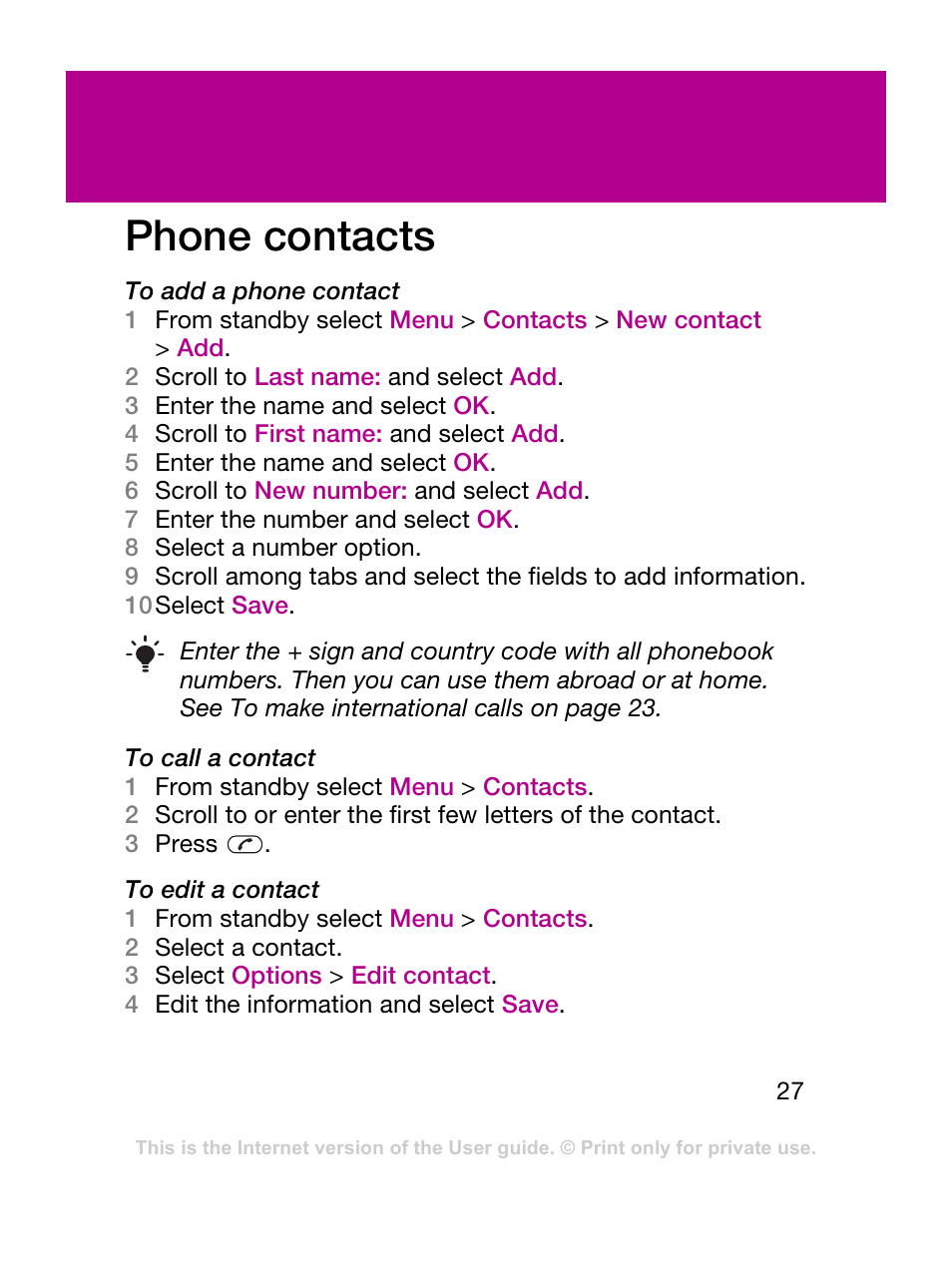 Phone contacts | Sony Ericsson F305 User Manual | Page 27 / 42