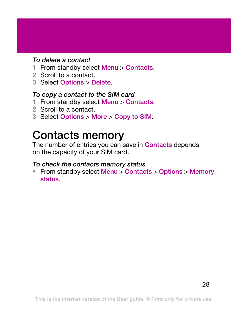 Contacts memory | Sony Ericsson F305 User Manual | Page 28 / 42