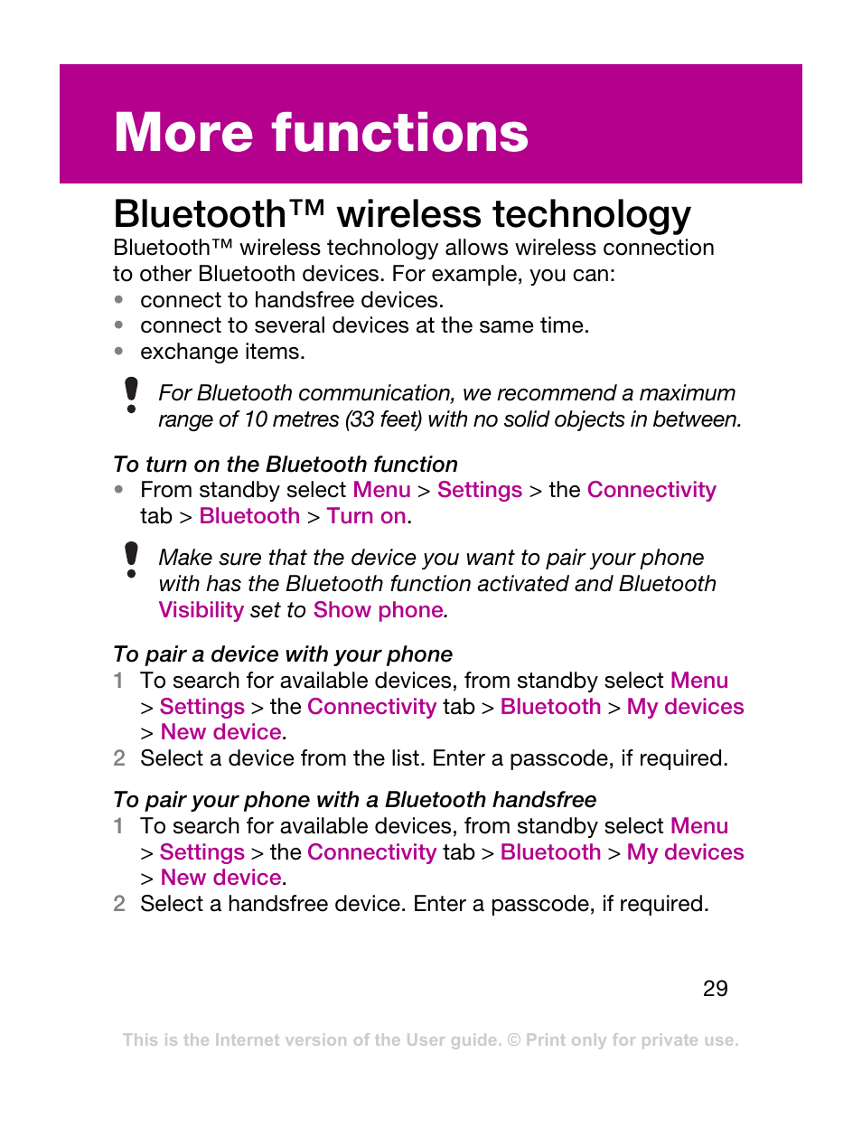 More functions, Bluetooth™ wireless technology, Bluetooth™ wireless technology on | Ge 29 and | Sony Ericsson F305 User Manual | Page 29 / 42