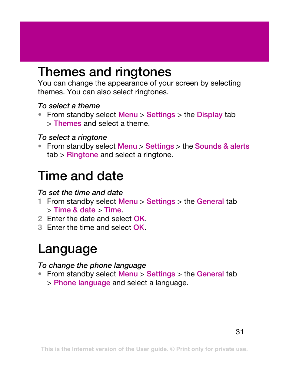 Themes and ringtones, Time and date, Language | Sony Ericsson F305 User Manual | Page 31 / 42