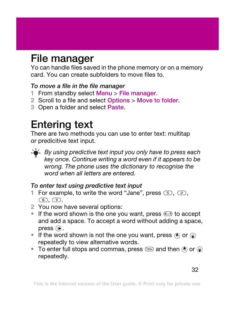 File manager, Entering text | Sony Ericsson F305 User Manual | Page 32 / 42