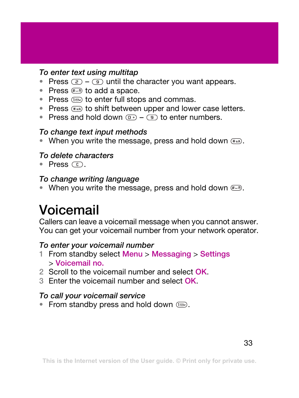 Voicemail | Sony Ericsson F305 User Manual | Page 33 / 42