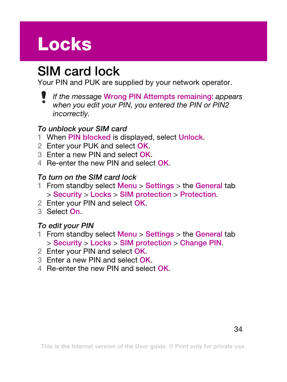 Locks, Sim card lock | Sony Ericsson F305 User Manual | Page 34 / 42