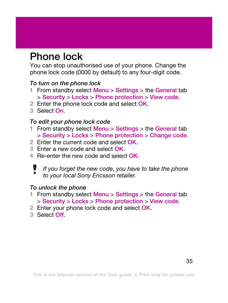 Phone lock | Sony Ericsson F305 User Manual | Page 35 / 42
