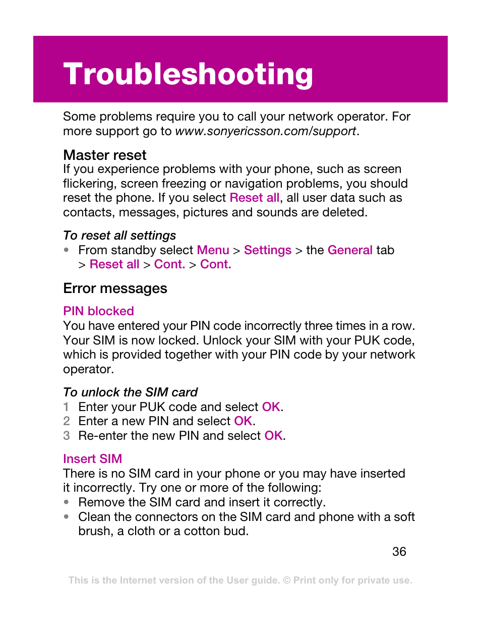 Troubleshooting | Sony Ericsson F305 User Manual | Page 36 / 42