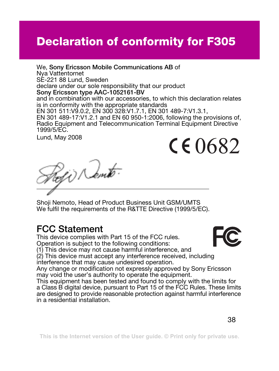 Declaration of conformity for f305, Fcc statement | Sony Ericsson F305 User Manual | Page 38 / 42