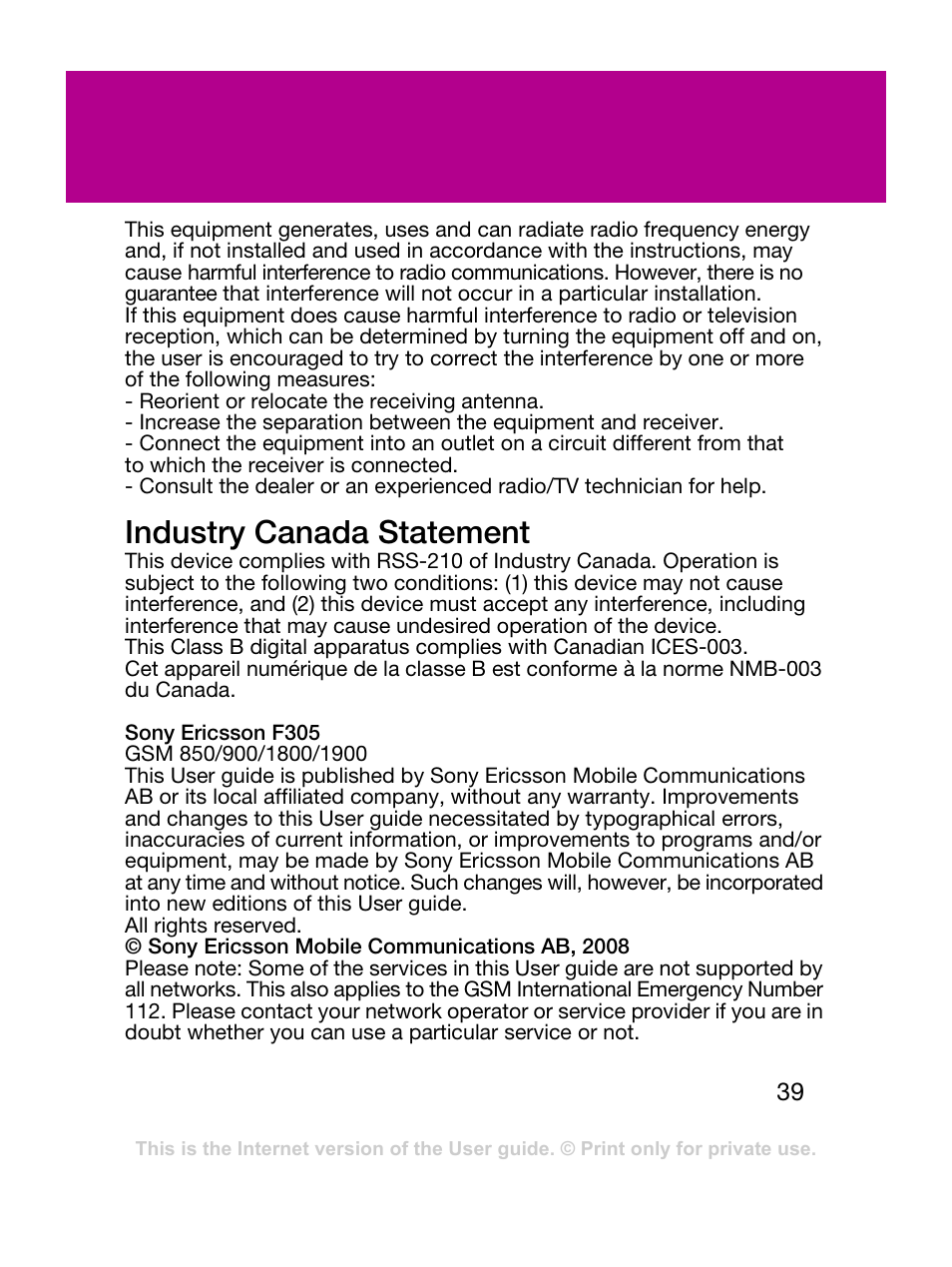 Industry canada statement | Sony Ericsson F305 User Manual | Page 39 / 42