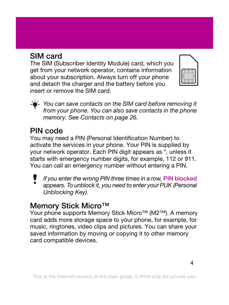 Sim card, Pin code | Sony Ericsson F305 User Manual | Page 4 / 42