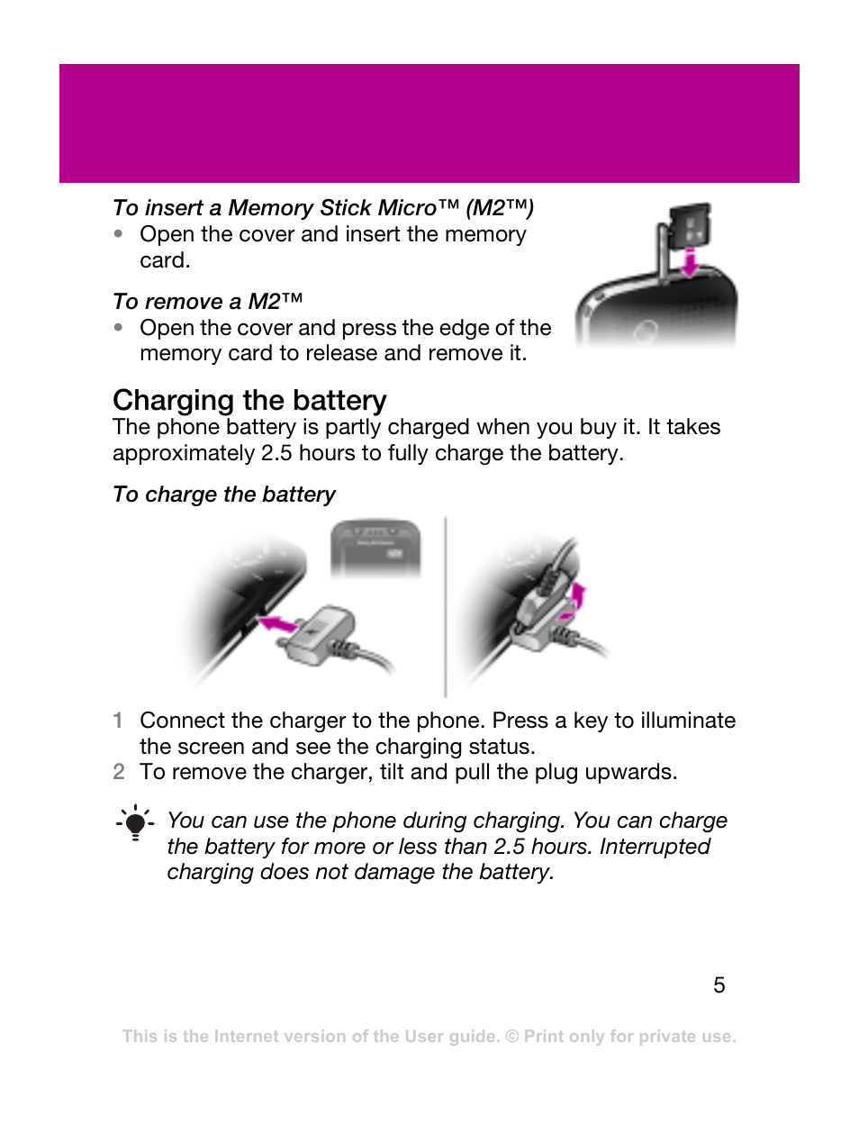 Charging the battery | Sony Ericsson F305 User Manual | Page 5 / 42