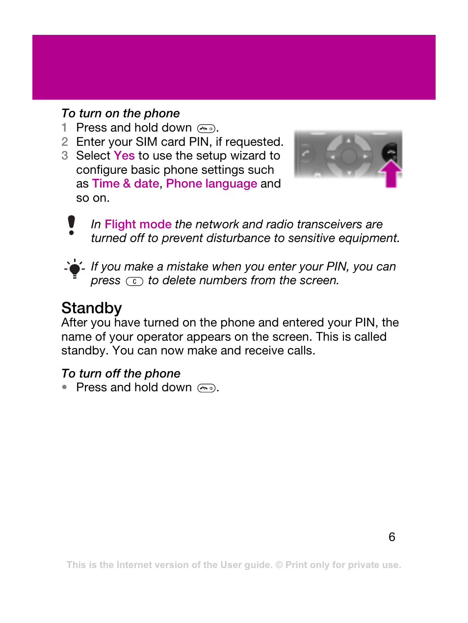 Standby | Sony Ericsson F305 User Manual | Page 6 / 42