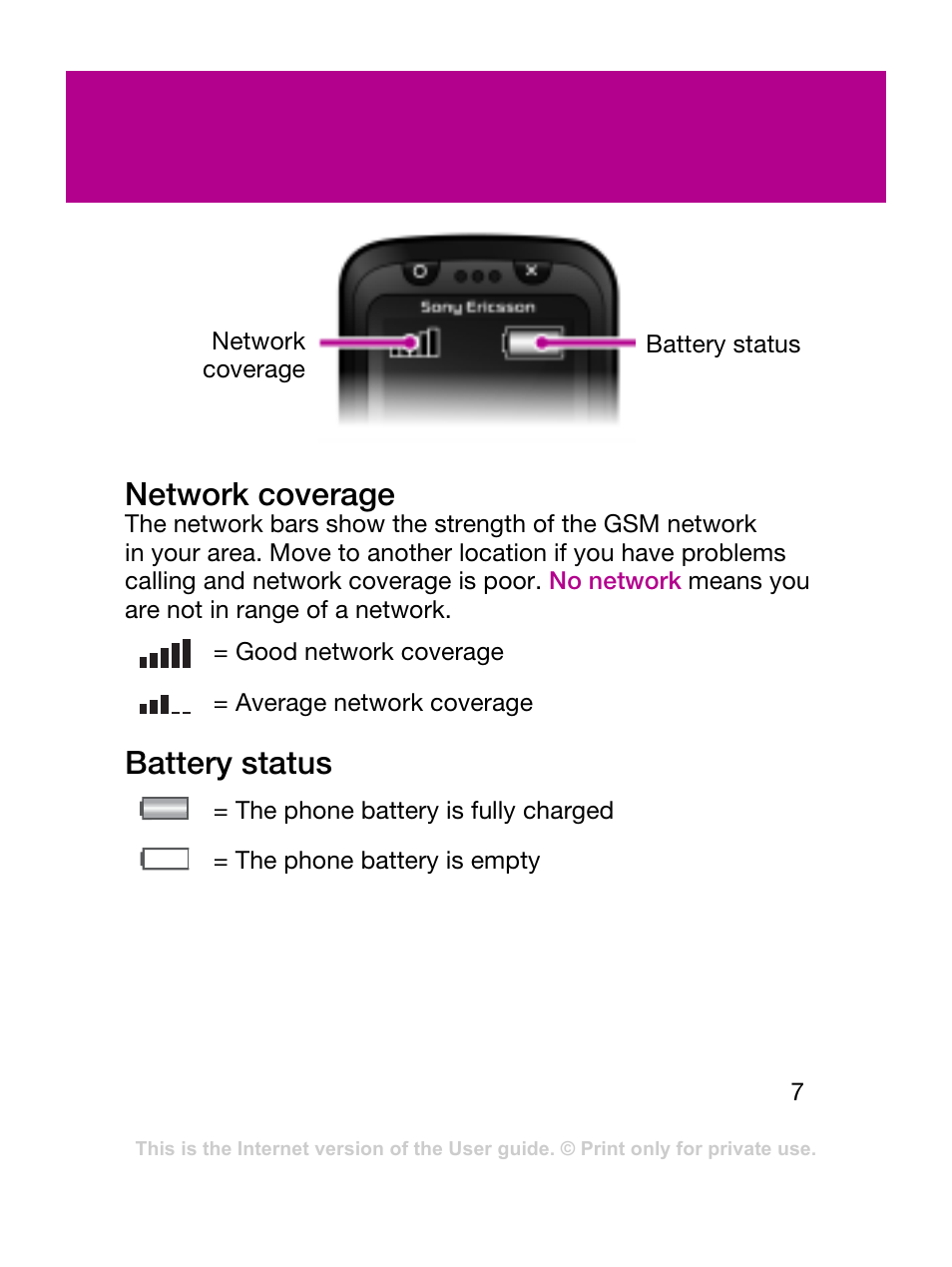 Network coverage, Battery status | Sony Ericsson F305 User Manual | Page 7 / 42
