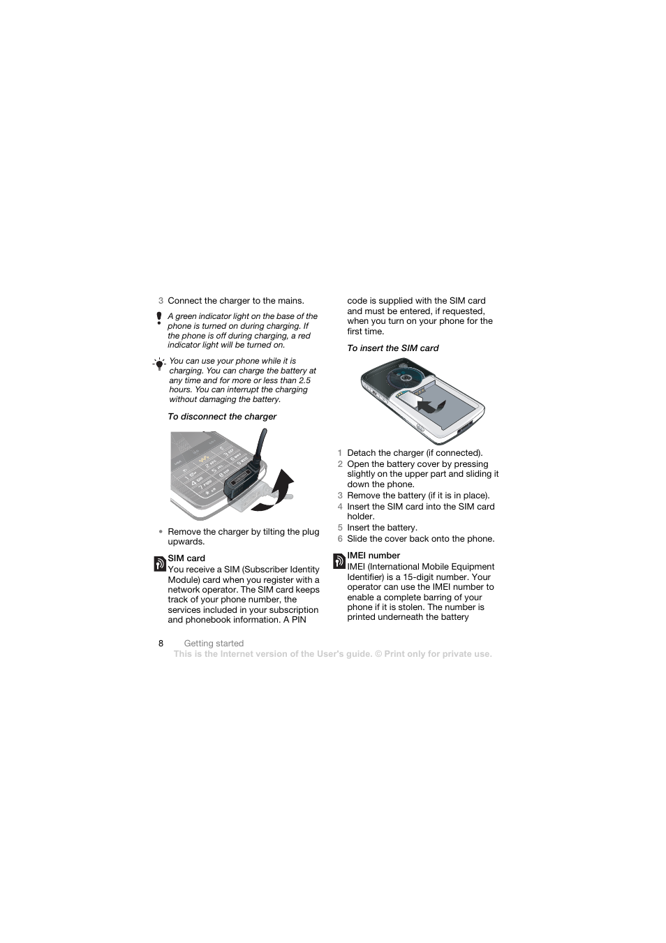 Sim card, Imei number | Sony Ericsson Walkman player User Manual | Page 10 / 66