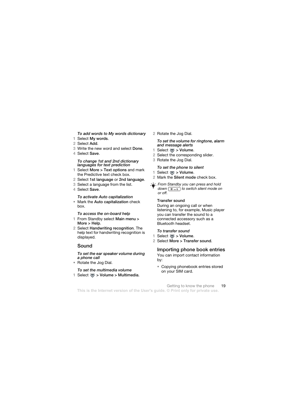 Sound, Transfer sound, Importing phone book entries | Sony Ericsson Walkman player User Manual | Page 21 / 66