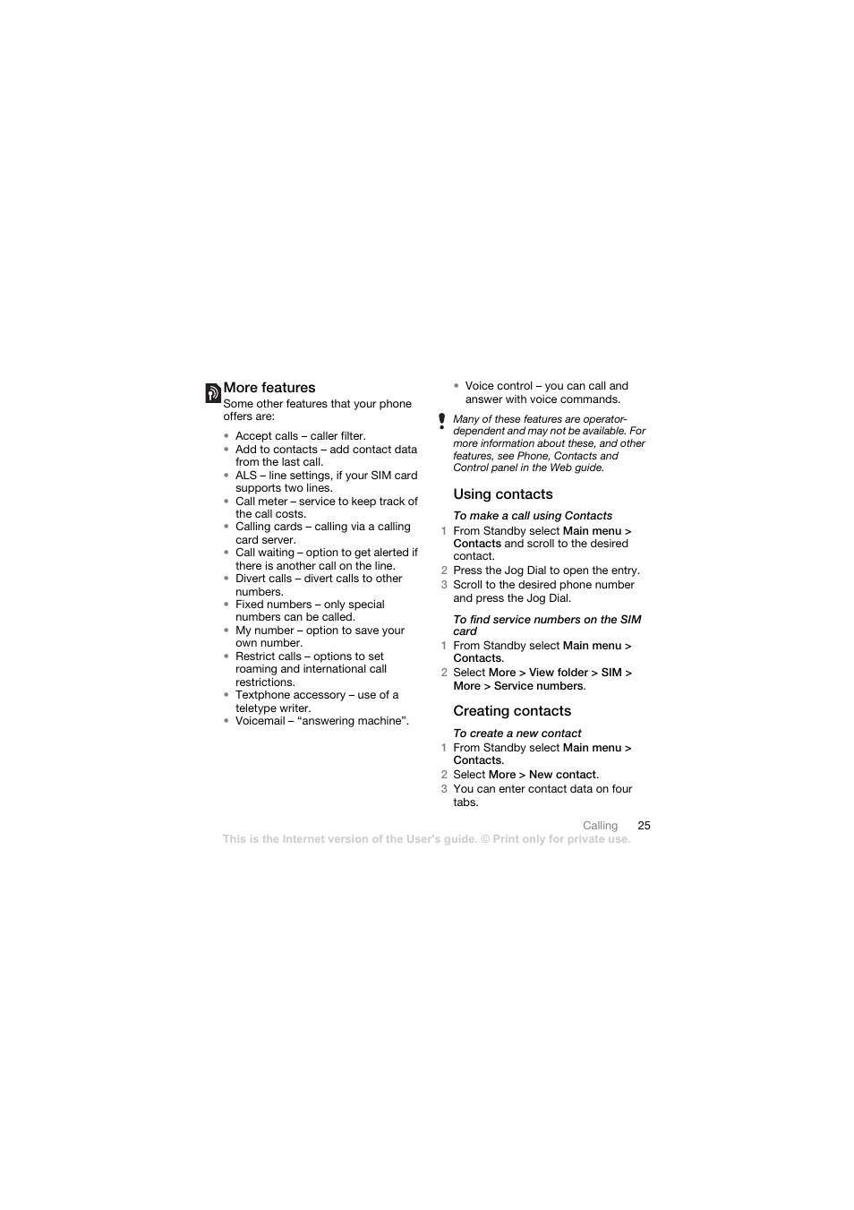More features, Using contacts, Creating contacts | Sony Ericsson Walkman player User Manual | Page 27 / 66