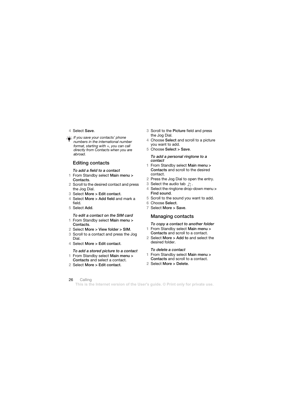 Editing contacts, Managing contacts | Sony Ericsson Walkman player User Manual | Page 28 / 66