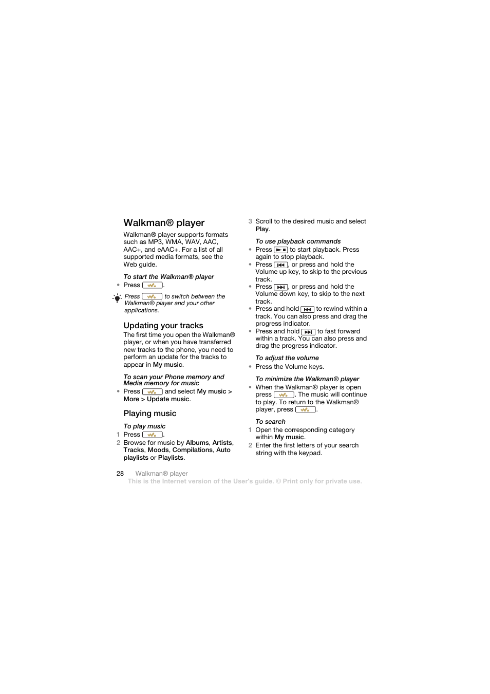 Walkman® player, Updating your tracks, Playing music | Sony Ericsson Walkman player User Manual | Page 30 / 66