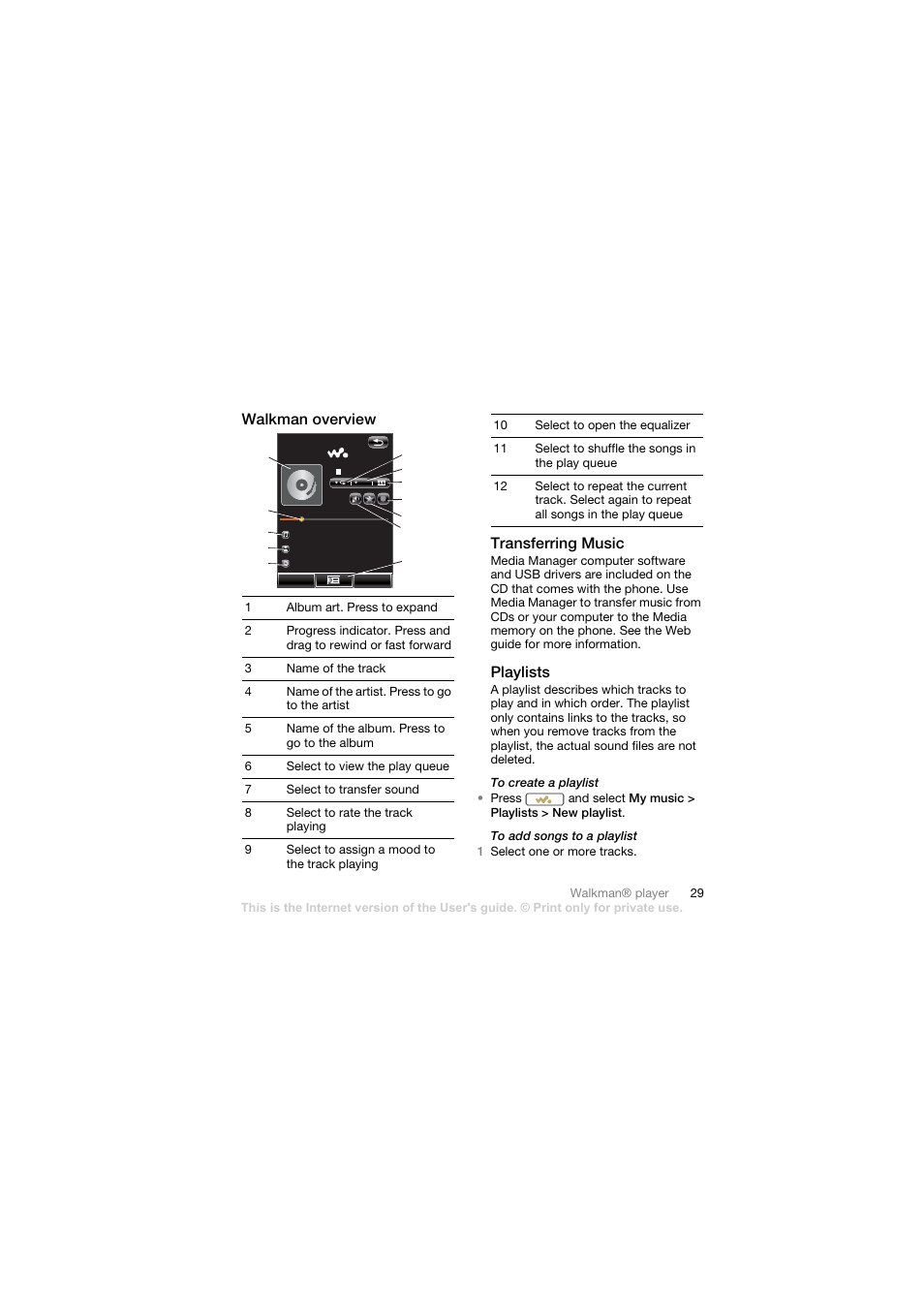 Walkman overview, Transferring music, Playlists | Walkman overview transferring music | Sony Ericsson Walkman player User Manual | Page 31 / 66