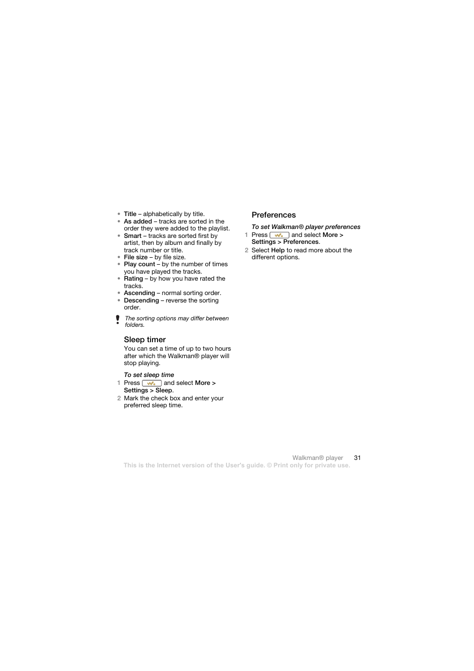Sleep timer, Preferences | Sony Ericsson Walkman player User Manual | Page 33 / 66