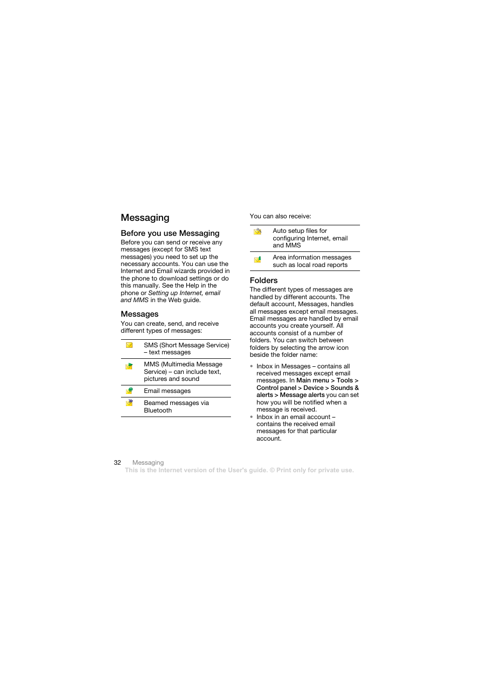 Messaging, Before you use messaging, Messages | Folders | Sony Ericsson Walkman player User Manual | Page 34 / 66