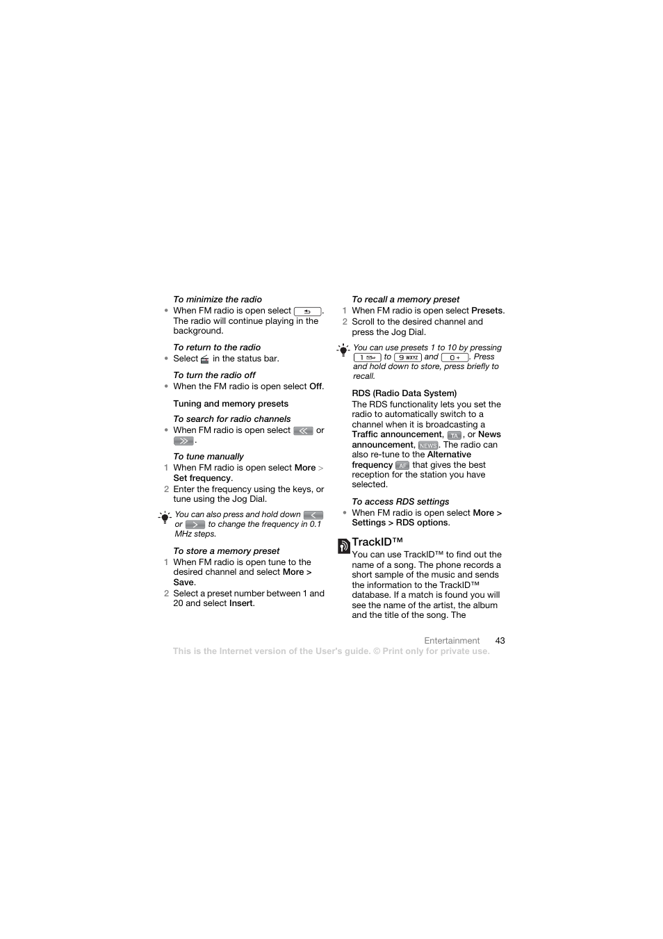 Tuning and memory presets, Rds (radio data system), Trackid | Sony Ericsson Walkman player User Manual | Page 45 / 66