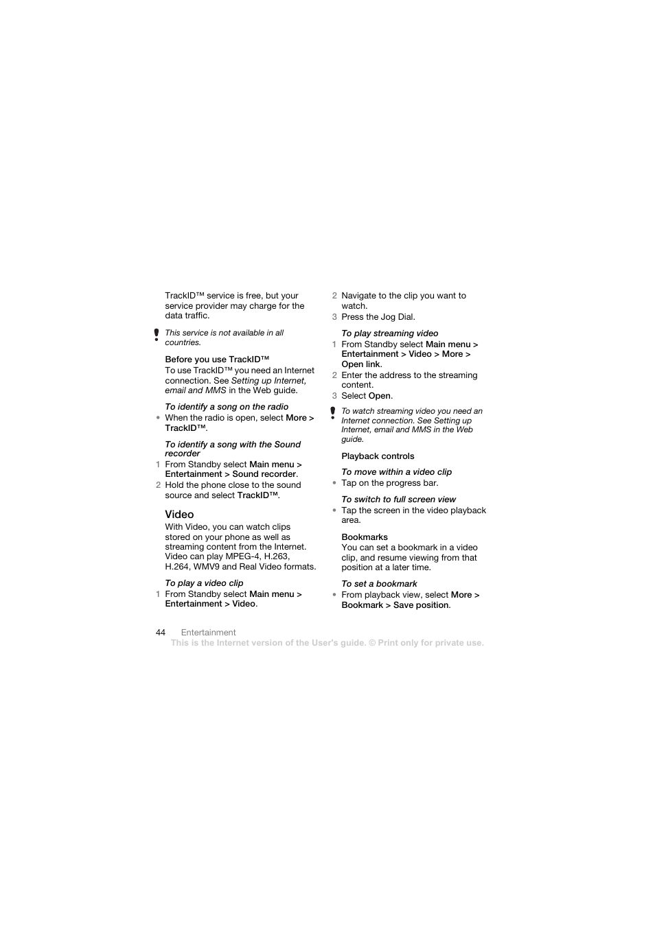 Before you use trackid, Video, Playback controls | Bookmarks | Sony Ericsson Walkman player User Manual | Page 46 / 66